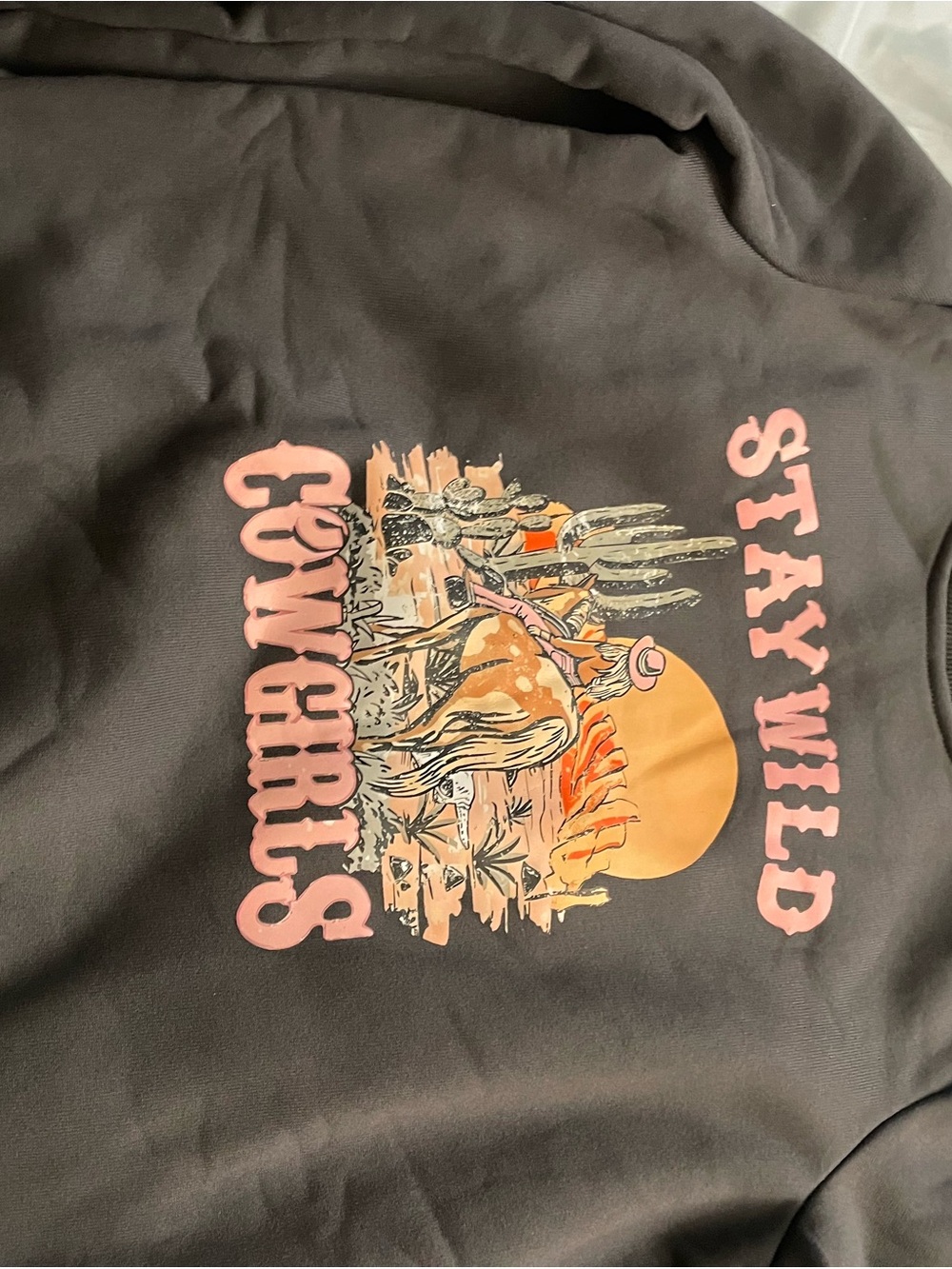 Stay Wild Cowgirls Graphic Kids Sweatshirt - Black with Pink & Orange Print